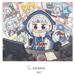 Rule 34 | 1girl, :3, :d, among us, arm up, bloop (gawr gura), blue eyes, blue hair, blunt bangs, blush stickers, chibi, clenched hand, commentary request, controller, creeper, game controller, gawr gura, hololive, hololive english, hood, jar, computer keyboard, looking at viewer, microphone, minecraft, monitor, multicolored hair, open mouth, poster (object), same anko, sharp teeth, shrimp, smile, solo, streaked hair, teeth, two-tone hair, v-shaped eyebrows, virtual youtuber, white hair, wide sleeves