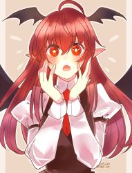 Rule 34 | 1girl, bat wings, blush, bright pupils, d:, flying sweatdrops, hands on own cheeks, hands on own face, harunonanashiki, head wings, koakuma, long hair, long sleeves, open mouth, pointy ears, puffy sleeves, red eyes, red hair, shirt, solo, touhou, vest, wings
