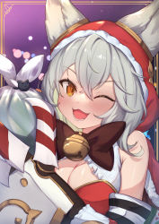 Rule 34 | 1girl, ;d, bell, blush, bow, breasts, brown bow, brown eyes, capelet, christmas, cleavage, commentary request, ears through headwear, fangs, fur-trimmed capelet, fur-trimmed hood, fur trim, granblue fantasy, grey hair, hair between eyes, highres, hood, hood up, hooded capelet, jingle bell, looking at viewer, medium breasts, one eye closed, open mouth, red capelet, sen (granblue fantasy), smile, solo, uneg, upper body