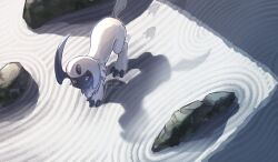 Rule 34 | absol, commentary request, creatures (company), day, eko (wk egg), footprints, from above, game freak, gen 3 pokemon, looking to the side, nintendo, no humans, outdoors, pokemon, pokemon (creature), red eyes, rock, sand, solo