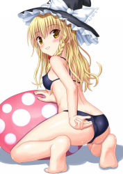 Rule 34 | 1girl, adjusting clothes, adjusting swimsuit, ass, bad id, bad pixiv id, bikini, black bikini, black hat, blonde hair, blush, bow, braid, breasts, butt crack, covered erect nipples, frilled hat, frills, full body, hat, hat bow, highres, kirisame marisa, kneeling, long hair, looking at viewer, looking back, medium breasts, side braid, single braid, smile, solo, swimsuit, touhou, white bow, witch hat, yamakamu, yellow eyes