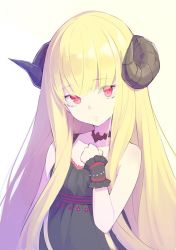Rule 34 | 1girl, black choker, black dress, choker, closed mouth, commentary, curled horns, dress, hand on own chest, horns, long hair, looking at viewer, minoa (lastswallow), original, red eyes, simple background, sleeves past wrists, solo, upper body, very long hair, white background, wrist cuffs