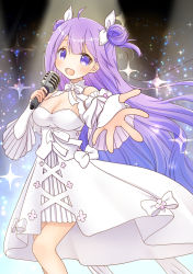 Rule 34 | 1girl, :d, azur lane, blunt bangs, bow, bowtie, commentary request, detached collar, detached sleeves, double bun, dress, eyes visible through hair, gradient background, hair bun, hair ribbon, head tilt, highres, holding, holding microphone, long hair, looking at viewer, microphone, mirun (funimani), music, off-shoulder dress, off shoulder, official alternate costume, open mouth, purple eyes, purple hair, reaching, reaching towards viewer, ribbon, sidelocks, singing, smile, solo, sparkle, strapless, strapless dress, unicorn (angelic night) (azur lane), unicorn (azur lane), white dress