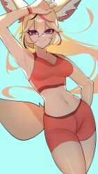 Rule 34 | 1girl, absurdres, animal ear fluff, animal ears, arm up, armpits, bare shoulders, blonde hair, blue background, breasts, cleavage, closed mouth, cowboy shot, crop top, fox ears, fox girl, fox tail, hair between eyes, highres, hololive, leaning to the side, looking at viewer, medium breasts, midriff, multicolored hair, navel, omaru polka, ponytail, purple eyes, short shorts, shorts, simple background, sleeveless, smile, solo, streaked hair, tail, virtual youtuber, yuuppi