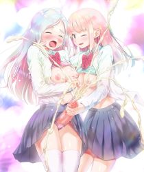 Rule 34 | 1futa, 1girl, ahoge, ayanakitori, black skirt, blonde hair, blue bow, blue bra, blue eyes, blush, bow, bow panties, bowtie, bra, bra lift, breasts, censored, closed eyes, clothes lift, collared shirt, cum, dress shirt, ejaculation, excessive cum, futa with female, futanari, hair bow, half updo, hand on another&#039;s face, handjob, highres, large breasts, large penis, light rays, long sleeves, looking at another, medium breasts, miniskirt, mosaic censoring, nipples, no testicles, nose blush, open clothes, open mouth, open shirt, orgasm, original, panties, penis, pink bra, pink panties, pleated skirt, projectile cum, puffy nipples, red bow, school uniform, shirt, silver hair, skirt, skirt lift, smile, sweat, thighhighs, underwear, wavy mouth, white legwear, white shirt, wince