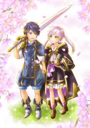 Rule 34 | 1boy, 1girl, black robe, blue eyes, blue hair, book, boots, brown footwear, chrom (child) (fire emblem), chrom (fire emblem), commentary request, fire emblem, fire emblem awakening, fire emblem heroes, flower, gold trim, highres, holding, holding book, holding hands, holding sword, holding weapon, moverabbit0305, nintendo, on grass, outdoors, purple flower, robe, robin (female) (child) (fire emblem), robin (female) (fire emblem), robin (fire emblem), sword, twintails, walking, weapon, yellow eyes