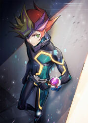 1boy bboockss belt blonde_hair bodysuit clenched_hands closed_mouth duel_disk fujiki_yusaku green_eyes hair_between_eyes highres looking_to_the_side male_focus multicolored_hair pink_hair playmaker_(yu-gi-oh!) red_hair solo yu-gi-oh! yu-gi-oh!_vrains