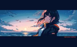 Rule 34 | 1girl, :|, arms at sides, artist name, black hair, black jacket, brown eyes, closed mouth, cloud, cloudy sky, collared jacket, colored inner hair, dated, evening, expressionless, floating hair, from side, horizon, jacket, letterboxed, long hair, long sleeves, looking at viewer, multicolored hair, nanami yuki (yuki77mi), night, night sky, ocean, orange hair, orange jacket, original, outdoors, pixel art, shirt, sidelocks, sky, solo, sunset, two-sided fabric, two-sided jacket, upper body, white shirt, zipper