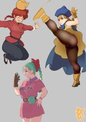 Rule 34 | 3girls, alena (dq4), ass, blue cape, blue headwear, boots, bow, braid, breasts, brown gloves, bulma, cape, chinese clothes, commentary request, crossover, dragon ball, dragon ball (classic), dragon quest, dragon quest iv, dragon radar, dress, gloves, green hair, grin, hair bow, hand on own hip, hat, kettle, kicking, large breasts, light brown hair, medium breasts, motion lines, multiple crossover, multiple girls, neone, on head, outstretched arms, pantyhose, pink dress, pouch, ranma-chan, ranma 1/2, red bow, red eyes, red hair, short dress, signature, single braid, single glove, smile, yellow dress