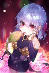 Rule 34 | 1girl, bare shoulders, blue hair, bud, earrings, elbow gloves, fate/grand order, fate (series), gloves, hair between eyes, hair ribbon, hand on own cheek, hand on own face, highres, jewelry, kama (fate), kama (first ascension) (fate), licking, looking at viewer, naughty face, nijimaarc, red eyes, red ribbon, ribbon, ring, smile, solo, tongue