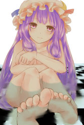 Rule 34 | 1girl, absurdres, bad id, bad pixiv id, barefoot, checkered floor, covering privates, covering breasts, crossed arms, face, feet, female focus, floor, hat, highres, long hair, mkcrf, nail polish, nude, patchouli knowledge, purple eyes, purple hair, ribbon, sitting, smile, solo, touhou, water, wet