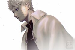 Rule 34 | 1boy, artist name, behindxa, blonde hair, blue eyes, boruto: naruto the movie, chromatic aberration, cloak, commentary, english commentary, facial mark, frown, highres, male focus, naruto (series), serious, solo, upper body, uzumaki naruto, watermark, whisker markings, white cloak