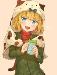 Rule 34 | 10s, 1girl, animal hood, animal print, bad id, bad pixiv id, blonde hair, blue eyes, blush, cat hood, cellphone, fang, frog print, girls und panzer, green jacket, heart, highres, holding, holding phone, hood, jacket, katyusha (girls und panzer), koretsuna, long sleeves, looking at viewer, open mouth, phone, pink background, red shirt, school uniform, shirt, short hair, simple background, smartphone, smartphone case, smile, solo, standing, turtleneck, upper body