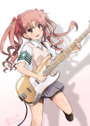 Rule 34 | 1girl, armband, artist name, beige vest, blush, brown eyes, brown hair, collared shirt, commentary request, diesel-turbo, electric guitar, feet out of frame, floating hair, green armband, grey skirt, guitar, hair between eyes, hair ribbon, highres, instrument, judgment (toaru), leg up, loafers, looking at viewer, music, open mouth, parted bangs, playing instrument, ribbon, school uniform, shadow, shirai kuroko, shirt, shoes, simple background, skirt, solo, thigh strap, thighs, toaru kagaku no railgun, toaru majutsu no index, tokiwadai school uniform, twintails, v-shaped eyebrows, vest, wavy hair, white background, white shirt