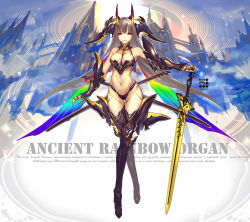 Rule 34 | 1girl, armor, bare shoulders, bikini armor, black footwear, black thighhighs, boots, breasts, cleavage, closed mouth, full body, gauntlets, grey hair, headgear, highres, holding, holding sword, holding weapon, horns, kiwamu, long hair, looking at viewer, medium breasts, navel, original, smile, solo, stomach, sword, thigh boots, thigh gap, thighhighs, weapon, wings, yellow eyes