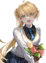 Rule 34 | 1girl, bad id, bad twitter id, black shirt, black skirt, blonde hair, breasts, brown flower, character request, collared shirt, copyright request, flower, green necktie, grey sweater, hair between eyes, holding, holding flower, large breasts, leaning forward, long hair, muuyiie, necktie, open mouth, pink flower, pleated skirt, ponytail, shirt, skirt, solo, sweater, teeth, transparent background, upper teeth only, very long hair, virtual youtuber
