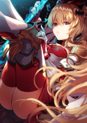 Rule 34 | 1girl, 40 (0f0urw), absurdres, ass, blonde hair, commentary request, frown, gloves, granblue fantasy, hair between eyes, highres, holding, holding polearm, holding spear, holding weapon, legs up, long hair, looking at viewer, polearm, red eyes, red thighhighs, sitting, solo, spear, thighhighs, very long hair, vira (granblue fantasy), weapon, white gloves