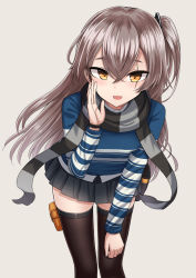 Rule 34 | 1girl, black skirt, blue shirt, brown hair, brown thighhighs, girls&#039; frontline, hand on own thigh, hand up, highres, leaning forward, long hair, long sleeves, looking at viewer, miniskirt, official alternate costume, one side up, open mouth, orange eyes, pleated skirt, pouch, scar, scar across eye, scar on face, scarf, shirt, skirt, smile, solo, thighhighs, ump45 (&quot;just this time.&quot;) (girls&#039; frontline), ump45 (girls&#039; frontline), undershirt, very long hair, wristband, yakob labo, zettai ryouiki