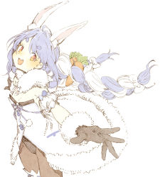 Rule 34 | 1girl, abara heiki, animal ear fluff, animal ears, arm cuffs, armpit peek, black gloves, black leotard, black pantyhose, blue hair, braid, breasts, bridal garter, carrot hair ornament, commentary, dress, food-themed hair ornament, foreshortening, fur-trimmed dress, fur-trimmed gloves, fur scarf, fur trim, gloves, hair between eyes, hair ornament, hololive, leotard, light blue hair, long hair, looking at viewer, multicolored hair, off-shoulder dress, off shoulder, open mouth, outstretched arms, pantyhose, playboy bunny, pom pom (clothes), rabbit ears, red eyes, simple background, small breasts, smile, solo, thick eyebrows, thigh strap, traditional media, twin braids, twintails, two-tone hair, usada pekora, usada pekora (1st costume), virtual youtuber, white background, white dress, white hair
