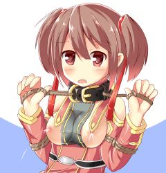 Rule 34 | 10s, 1girl, bare shoulders, bdsm, blush, bondage, bound, bound arms, breasts, brown eyes, brown hair, collar, cuffs-to-collar, hair ribbon, highres, kimamani, lactation, looking at viewer, medium breasts, nipples, open mouth, red eyes, ribbon, rope, short hair, short twintails, silica, solo, sword art online, twintails