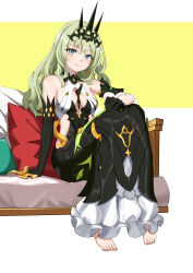 1girl absurdres asymmetrical_gloves bare_shoulders barefoot black_dress black_gloves black_tiara breasts center_opening clothing_cutout dress earrings elbow_gloves gloves green_eyes green_hair highres honkai_(series) honkai_impact_3rd jewelry long_hair looking_at_viewer mobius_(honkai_impact) on_bed ouroboros pengzlp red_pillow side_cutout sitting slit_pupils small_breasts smile solo spikes tiara toes two-tone_background white_background yellow_background