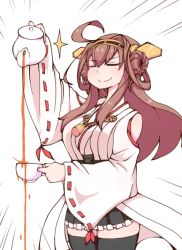 Rule 34 | 10s, 1girl, ahoge, brown hair, cup, detached sleeves, double bun, doyagao, closed eyes, hairband, headgear, japanese clothes, kantai collection, kongou (kancolle), long hair, mato tsuyoi, nontraditional miko, pouring, ribbon-trimmed sleeves, ribbon trim, skirt, smug, solo, sparkle, spilling, teacup, you&#039;re doing it wrong