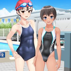 Rule 34 | 2girls, absurdres, bench, black hair, black one-piece swimsuit, blue eyes, blue one-piece swimsuit, blue sky, brown eyes, cameltoe, cloud, collarbone, commentary request, competition school swimsuit, competition swimsuit, covered navel, day, feet out of frame, flat chest, goggles, goggles on head, hand on own hip, highres, lane line, long hair, multicolored clothes, multicolored swimsuit, multiple girls, one-piece swimsuit, open mouth, original, outdoors, pool, pool ladder, poolside, red headwear, round teeth, school swimsuit, short hair, sky, smile, standing, starting block, string of flags, striped clothes, striped one-piece swimsuit, swim cap, swimsuit, takafumi, tan, teeth, tomboy, upper teeth only, variant set, vertical-striped clothes, vertical-striped one-piece swimsuit