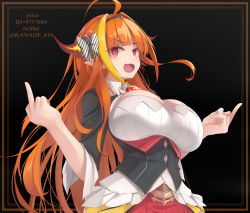 Rule 34 | 1girl, :d, absurdres, ahoge, black jacket, bow, breasts, cleavage, diagonal-striped bow, double middle finger, dragon horns, hair bow, hairband, hands up, highres, hololive, horns, huge breasts, jacket, kana616, kiryu coco, kiryu coco (1st costume), long hair, looking at viewer, middle finger, multicolored hair, open mouth, orange hair, pointy ears, red skirt, shirt, sidelocks, skirt, smile, solo, streaked hair, underbust, upper body, very long hair, virtual youtuber, white shirt