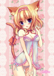 Rule 34 | 1girl, alice margatroid, alternate costume, animal ears, babydoll, bad id, bad pixiv id, bare shoulders, blonde hair, blue eyes, blue panties, blush, breasts, cat ears, cat girl, cat tail, cleavage, cowboy shot, covered erect nipples, fang, female focus, flower, hairband, honoka chiffon, kemonomimi mode, lingerie, looking at viewer, neck ribbon, negligee, nipples, open \m/, open mouth, panties, ribbon, rose, see-through, short hair, side-tie panties, solo, standing, strap slip, tail, tail ornament, tail ribbon, touhou, underwear, underwear only, undone