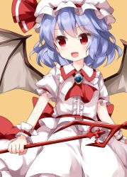 Rule 34 | 1girl, ascot, bat wings, center frills, closed mouth, collared shirt, frills, hat, hat ribbon, highres, holding, holding polearm, holding spear, holding weapon, jewelry, looking to the side, medium hair, mob cap, open mouth, polearm, purple hair, red ascot, red eyes, red ribbon, remilia scarlet, ribbon, ruu (tksymkw), shirt, short sleeves, simple background, skirt, smile, solo, spear, spear the gungnir, standing, touhou, weapon, white hat, white shirt, white skirt, wings, wrist cuffs, yellow background