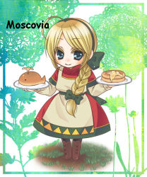Rule 34 | 1girl, apron, blonde hair, blouse, blush, boots, braid, brown footwear, closed mouth, comic sans, commentary request, dress, food, full body, grass, green eyes, green hairband, hair between eyes, hairband, holding, holding tray, in-universe location, layered sleeves, long hair, long sleeves, looking at viewer, nia (littlestars), pancake, personification, ragnarok online, red dress, russian clothes, shirt, short over long sleeves, short sleeves, side braid, single braid, slavic clothes, smile, solo, standing, swept bangs, tray, white apron, white shirt