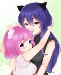 Rule 34 | 2girls, animal ears, black shirt, breasts, fang, hair between eyes, hand in another&#039;s hair, hand on another&#039;s head, highres, long hair, mizuiro 32, multiple girls, open mouth, original, pink hair, purple eyes, red eyes, ribbon trim, shirt, short sleeves, sleeveless, sleeveless shirt, very long hair