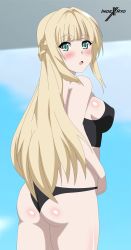Rule 34 | 1girl, absurdres, ass, blonde hair, blush, breasts, charlotte arisaka anderson, from behind, green eyes, highres, indexryo, long hair, looking at viewer, looking back, medium breasts, open mouth, shiny skin, sideboob, solo, tantei wa mou shindeiru