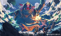 Rule 34 | battle, blue skin, blue tunic, boss fight, bow (weapon), colored skin, giant, grass, hinox, iketsumi, light brown hair, link, nintendo, one-eyed, sky, the legend of zelda, the legend of zelda: breath of the wild, tree, weapon