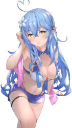 Rule 34 | 1girl, absurdres, ahoge, bikini, bikini skirt, blue bikini, blue hair, blush, breasts, crossed legs, detached collar, flower, hair flower, hair ornament, half updo, hand up, heart, heart ahoge, highres, hololive, large breasts, long hair, looking at viewer, navel, open mouth, pointy ears, sailor collar, simple background, solo, soyoghi, stomach, swimsuit, thigh strap, thighs, towel on arm, virtual youtuber, wet, white background, white flower, yellow eyes, yukihana lamy