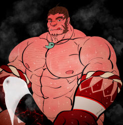 Rule 34 | 1boy, :q, absurdres, alternate pectoral size, bara, blank censor, censored, colored skin, cowboy shot, erection, forked eyebrows, fundoshi, gradient skin, hachimaki, hairy, headband, highres, huge pectorals, huge penis, japanese clothes, jewelry, large hands, looking at viewer, magatama, magatama necklace, male focus, mature male, muscular, muscular male, mutton chops, necklace, nejiri hachimaki, nude, penis, precum, precum through clothes, red skin, short hair, solo, sparse arm hair, sparse chest hair, strongman waist, sweat, taigaabozusukii, tajikarao (housamo), thick arms, thick eyebrows, tokyo houkago summoners, tongue, tongue out, tusks, very sweaty