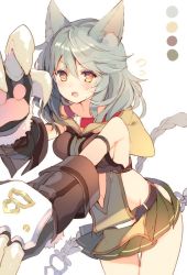 Rule 34 | 10s, 1girl, animal ears, animal hands, argyle, argyle clothes, argyle cutout, armlet, belt, blush, braid, breasts, center opening, claw (weapon), clothing cutout, collar, color guide, cowboy shot, elbow gloves, erune, eyebrows, gloves, granblue fantasy, hair between eyes, hood, long hair, looking at viewer, looking to the side, low-tied long hair, mayachi (amuriya), midriff, miniskirt, navel cutout, open mouth, orange eyes, outstretched arms, paw gloves, pleated skirt, sen (granblue fantasy), side cutout, sideboob, silver hair, single braid, skirt, sleeveless, solo, sweatdrop, thighs, weapon