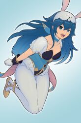 Rule 34 | 1girl, :d, absurdres, animal ears, blue background, blue eyes, blue hair, breasts, choker, cleavage, collarbone, fake animal ears, fire emblem, fire emblem awakening, fire emblem heroes, frilled choker, frills, gloves, gold trim, highres, leotard, long hair, looking at viewer, lucina (fire emblem), lucina (spring) (fire emblem), microskirt, nintendo, official alternate costume, open mouth, pantyhose, playboy bunny, puffy short sleeves, puffy sleeves, rabbit ears, see-through, short sleeves, simple background, skirt, small breasts, smgold, smile, solo, twitter username, underbust, white gloves