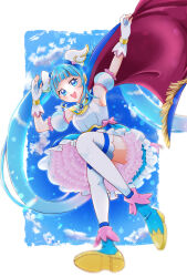 Rule 34 | 1girl, blue eyes, blue hair, blue skirt, blue sky, boots, brooch, cape, cloud, cure sky, detached sleeves, fingerless gloves, frills, fujisaki star, gloves, highres, hirogaru sky! precure, jewelry, long hair, magical girl, open mouth, precure, puffy detached sleeves, puffy sleeves, shirt, single sidelock, skirt, sky, smile, sora harewataru, thighhighs, twintails, two-sided cape, two-sided fabric, white shirt, white thighhighs, wing brooch, wing hair ornament