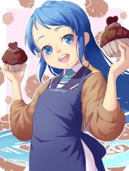 Rule 34 | 1girl, apron, blue eyes, blue hair, candy, chocolate, chocolate heart, food, heart, highres, kantai collection, long hair, looking at viewer, muffin, naohito (shin7010), sailor collar, samidare (kancolle), sidelocks, smile, sweater, very long hair