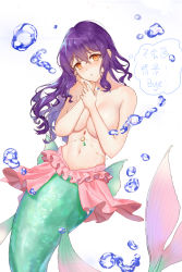 Rule 34 | 1girl, air bubble, belly chain, blush, breasts, bubble, chinese commentary, chinese text, collarbone, commentary request, convenient arm, covering privates, covering breasts, cowboy shot, crossed bangs, fins, grabbing own arm, groin, hair between eyes, hand on own cheek, hand on own face, head tilt, highres, jewelry, large breasts, linsuan er qing an, long hair, looking at viewer, mermaid, monster girl, navel, necklace, nose blush, orange eyes, original, parted lips, pink skirt, purple hair, sidelocks, skirt, solo, split tail, stomach, thought bubble, topless, translation request, white background