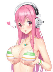 Rule 34 | 1girl, :p, bare shoulders, bikini, blush, breast hold, breasts, character name, closed mouth, clothes writing, collarbone, deep skin, guang yiren, hair between eyes, hands on breasts, hands on own chest, headphones, heart, highres, jewelry, large breasts, long hair, looking at viewer, nail polish, necklace, nitroplus, pendant, pink hair, pink nails, sideboob, simple background, smile, solo, strap gap, string bikini, striped bikini, striped clothes, suggestive fluid, super sonico, swimsuit, tongue, tongue out, underboob, upper body, white background, wristband