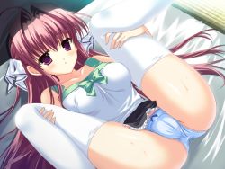 Rule 34 | 1girl, bed, blue panties, blush, bow, bow panties, breast press, breasts, cameltoe, clear (visual novel), folded, game cg, hair bow, knees to chest, leg hold, long hair, lying, mitha, on back, panties, purple eyes, solo, sweat, thighhighs, tsukimura miki, underwear, very long hair, white thighhighs