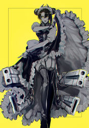 Rule 34 | 1girl, agent (girls&#039; frontline), asymmetrical hair, black dress, black gloves, black hair, black thighhighs, boots, breasts, cable, chromatic aberration, clothes lift, double bun, dress, dress lift, frilled dress, frills, garter straps, girls&#039; frontline, gloves, gun, hair bun, hand up, highres, lace, lace-trimmed legwear, lace trim, legs, lips, lipstick, looking at viewer, maid, maid headdress, makeup, mechanical arms, medium breasts, monochrome, sangvis ferri, short hair with long locks, simple background, solo, spot color, thigh boots, thighhighs, thighs, tomita, weapon, yellow background, yellow eyes