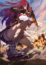 Rule 34 | 1girl, 2girls, absurdres, action, ankle boots, belt, belt boots, bipod, black footwear, black pantyhose, black skirt, blazer, blush, boots, breasts, buckle, bullpup, dust, explosion, fire, firing, floating hair, from below, girls&#039; frontline, gloves, gun, hair ribbon, half updo, highres, holding, holding gun, holding weapon, jacket, large breasts, long hair, looking at another, multiple girls, necktie, on one knee, one side up, pantyhose, purple hair, red neckwear, ribbon, rifle, running, scope, shell casing, shirt, shoes, skirt, sliding, smoke, sniper rifle, solo focus, striped clothes, striped shirt, thighs, torn clothes, torn legwear, very long hair, wa2000 (girls&#039; frontline), walther, walther wa 2000, weapon, white shirt, wind, wind lift, ya yan