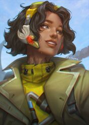 Rule 34 | 1other, absurdres, brown hair, commentary, dark skin, english commentary, goggles, goggles on head, highres, neck tattoo, overwatch, overwatch 2, parted bangs, shirt, short hair, signature, smile, solo, sweat, tattoo, tee fuyuan, upper body, venture (overwatch), yellow shirt