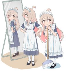 Rule 34 | 1girl, ahoge, black footwear, broom, brown eyes, closed mouth, colored inner hair, commentary, dot nose, full-length mirror, full body, genderswap, genderswap (mtf), grey hair, hair between eyes, heels, high heels, highres, long hair, looking at viewer, maid, maid headdress, mirror, multicolored hair, multiple views, onii-chan wa oshimai!, open mouth, oyama mahiro, pink hair, reflection, sfm zhang, shoes, short sleeves, simple background, smile, standing, thighhighs, two-tone hair, white background, white thighhighs