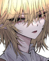 Rule 34 | 1girl, 33 gaff, alternate eye color, black eyes, blonde hair, brown shirt, commentary request, eyes visible through hair, grey shirt, hair between eyes, light, looking to the side, mizuhashi parsee, open mouth, pointy ears, shirt, short hair, short sleeves, simple background, solo, teeth, touhou, upper body, white background