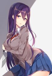 Rule 34 | 1girl, blue skirt, blush, breast hold, breasts, commentary request, doki doki literature club, eyes visible through hair, hair between eyes, hair ornament, hairclip, highres, jacket, knife, large breasts, leaning forward, long hair, looking at viewer, parted lips, pleated skirt, purple eyes, purple hair, school uniform, simple background, skirt, solo, very long hair, yuri (doki doki literature club), zhi zhi/zu zu
