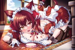 Rule 34 | 1girl, all fours, alternate costume, animal ear fluff, animal ears, back bow, black thighhighs, bow, breasts, cat ears, cat girl, cat tail, cleavage, commentary request, curtains, dress, enmaided, garter straps, gloves, heterochromia, highres, hololive, houshou marine, kemonomimi mode, large breasts, looking at viewer, maid, maid headdress, medium hair, on ground, open mouth, puffy sleeves, red dress, red eyes, shirokuma a, solo, suggestive fluid, tail, tail ornament, thighhighs, virtual youtuber, white bow, white gloves, window, wrist cuffs, yellow eyes